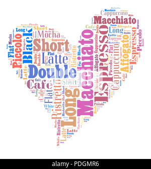 Index of coffee drinks words cloud collage, poster background, love coffee concept on heart shape Stock Photo
