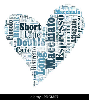 Index of coffee drinks words cloud collage, poster background, love coffee concept on heart shape Stock Photo