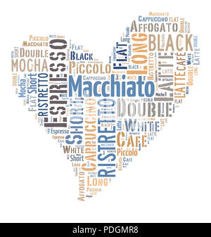 Index of coffee drinks words cloud collage, poster background, love coffee concept on heart shape Stock Photo