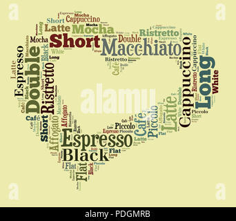 Index of coffee drinks words cloud collage, poster background, love coffee concept on heart shape Stock Photo
