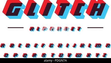 Glitch vector latin alphabet. Speed moving bold italic font. Applique letters, color offset effect. Futuristic technology abc signs. Sport logo template set. Glitch effect monogram collection. Stock Vector