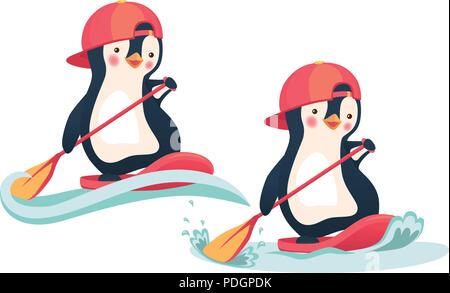 Penguin floating on SUP board. Paddle board. Penguin vector illustration Stock Vector