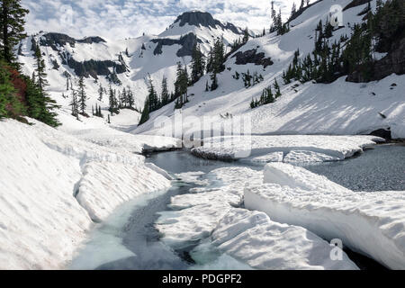 Table Mountain, Washington in Spring season with snow melting into river Stock Photo