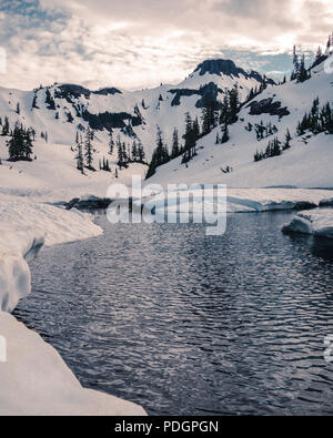 Dramatic snow melting landscape with moody abstract colors Stock Photo