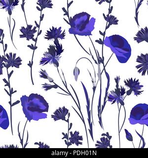 Seamless background with wildflowers. Vector. Blue watercolor Stock Vector