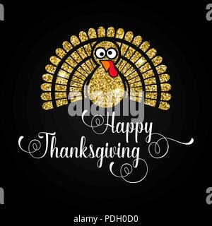 Happy Thanksgiving Day greeting card. Typography posters with golden turkey silhouette and text. Vector illustration. Stock Vector