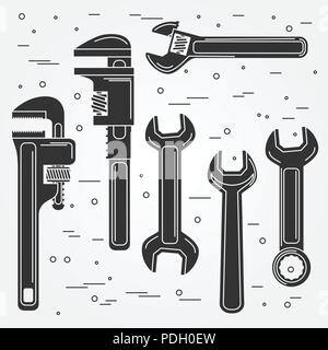 Set of flat wrench icon. Vector illustration. Silhouettes of tools. Set include Adjustable, Pipe and Gear Wrenches. Stock Vector
