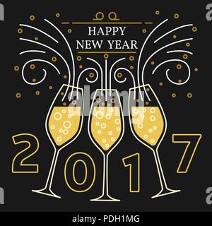 Happy new year greeting card. EPS10 vector. Champagne glasses thin line. Stock Vector