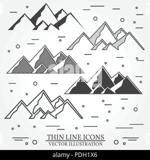 Set of mountains icons. Set include silhouettes and thin line icons . Winter icons for family vacation, activity or travel. For logo design, patches,  Stock Vector