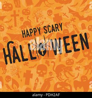 Happy scary Halloween party concept. Vector Halloween retro badge. Concept for shirt or logo, print, stamp. Spider and web. Typography design- stock v Stock Vector