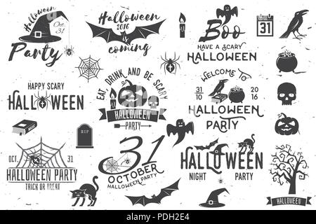 Halloween vintage icon, emblem or label and design elements. Vector illustration. Halloween set include cat, pumpkin, bat, crow, skull, tree, candle,  Stock Vector