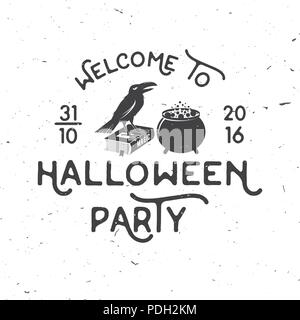 Welcome to Halloween party. Vector Halloween retro badge. Concept for shirt, logo, print, stamp, seal or patch. Crow, magic book and pot. Halloween de Stock Vector