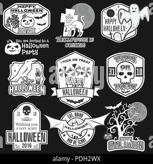 Halloween vintage badges, emblems or labels. Vector illustration. Invited to a Halloween party with bat, ghost, skull and pumpkin. For print on t shir Stock Vector