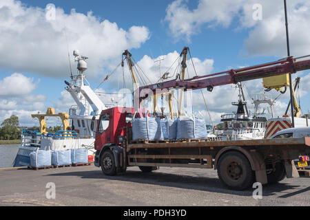 A view of Kirkcudbright Harbour which shows a catch of shellfish being loaded on to a lorry. Stock Photo