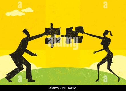 Finding a solution. A man and woman connecting puzzle pieces to find the solution. Stock Vector