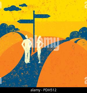 Fork in the Road. A man and woman looking at a fork in the road and wondering which way to go. Stock Vector