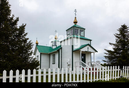 The Holy Transfiguration of Our Lord Chapel is a historic Russian Orthodox church located near Ninilchik on the  Kenai Peninsula in Alaska built in 19 Stock Photo