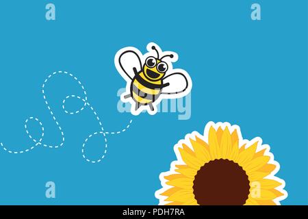 Stylized little bee and sunflower vector illustration Stock Vector
