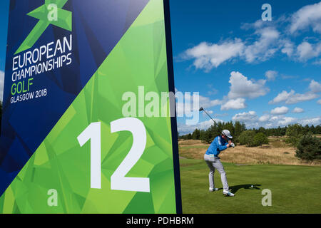 Gleneagles, Scotland, UK; 9 August, 2018.  Day two of European Championships 2018 competition at Gleneagles. Men's and Women's Team Championships Round Robin Group Stage - 2nd Round. Four Ball Match Play format. Conor Syme of GB on the 12th tee. Stock Photo