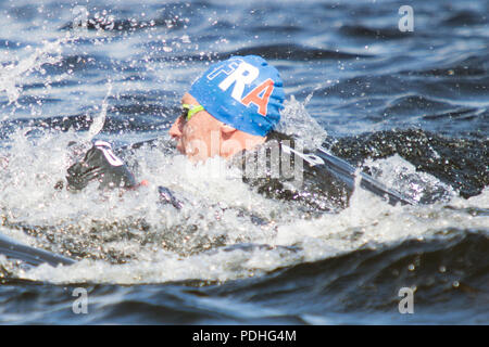 Loch Lomond, Scotland, UK. 9th August, 2018. France's Marc-Antoine Olivier (18) competes in men's 10-km race final, during Day 8 of the Glasgow 2018 European Championships, at Loch Lomond and The Trossachs National Park. Credit: Iain McGuinness/Alamy Live News Stock Photo