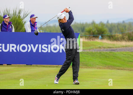 Gleneagles, Scotland, UK. 10th August, 2018. The Fourball Match Play continues with the pairing of Catriona Matthew and Holly Clyburn representing Great Britain playing against Cajsa Persson and Linda Wessberg of Sweden. Matthew teeing off at the second Credit: Findlay/Alamy Live News Stock Photo