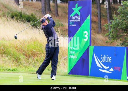 Gleneagles, Scotland, UK. 10th August, 2018. The Fourball Match Play continues with the pairing of Catriona Matthew and Holly Clyburn representing Great Britain playing against Cajsa Persson and Linda Wessberg of Sweden. Persson teeing off at the third Credit: Findlay/Alamy Live News Stock Photo