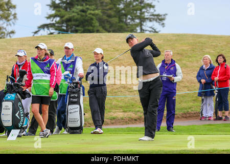 Gleneagles, Scotland, UK. 10th August, 2018. The Fourball Match Play continues with the pairing of Catriona Matthew and Holly Clyburn representing Great Britain playing against Cajsa Persson and Linda Wessberg of Sweden. Wessberg teeing off at the 4th hole Credit: Findlay/Alamy Live News Stock Photo