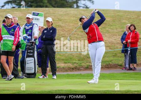 Gleneagles, Scotland, UK. 10th August, 2018. The Fourball Match Play continues with the pairing of Catriona Matthew and Holly Clyburn representing Great Britain playing against Cajsa Persson and Linda Wessberg of Sweden. Clyburn teeing off at the 4th hole. Credit: Findlay/Alamy Live News Stock Photo