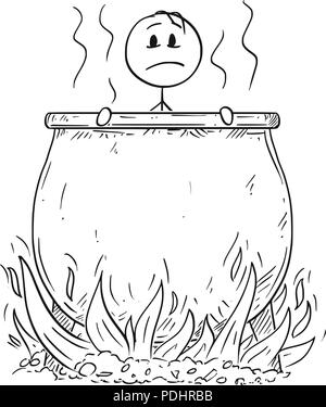 Cartoon of Man or Businessman, who is Boiling in Cauldron in Hell for His Sins Stock Vector