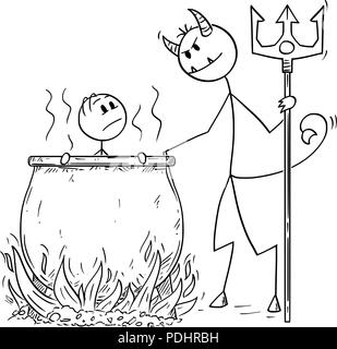 Cartoon of Man or Businessman, who is Boiled for His Sins by Devil in Cauldron in Hell Stock Vector