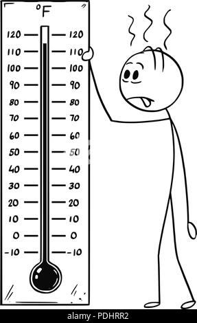 Cartoon of Man Holding Fahrenheit Thermometer Showing Hot Weather or Heat Stock Vector