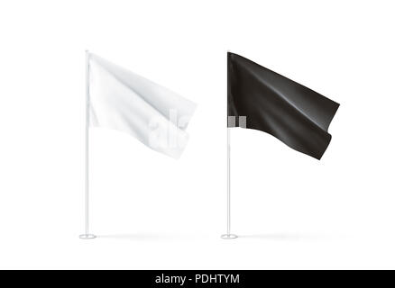 Blank black and white flag mockup set, waving, 3d rendnering. Clear rippled flagpole design mock up isolated. Pole with banner on wind. Business branding cloth pennon. Clean pillar logo presentation. Stock Photo