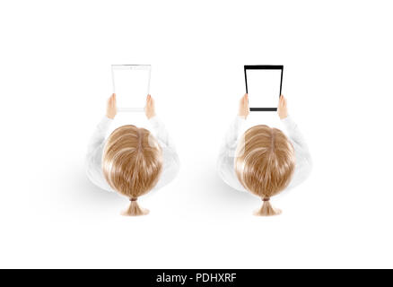 Woman hold tablet pc mockup in hand top view isolated, black and white set. Mobile ebook mock up holding in female hands from above. Blank tablet screen monitor. Clear vertical display pad booklet. Stock Photo