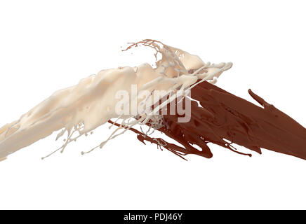 Milk And Chocolate Splashing Isolated On White Background. 3D Illustration. Stock Photo