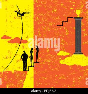 Overcoming Obstacles. A businesswoman pole vaulting over other business people to achieve her goal. Stock Vector