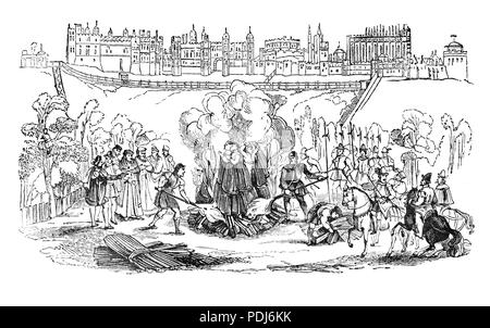 The burning at the stake of Robert Testwood, Anthony Pearson and Henry Filmer, three of the English Protestant martyrs executed during the reign of Henry VIII, known as the Windsor Martyrs. They became embroiled in a number of arguments with the Windsor clergy, as well as the congregation. Matters like the overly Catholic sermons of the vicar and that men should read the scriptures and that the King should lead the church in England.  The three of them received the death sentence and were burned to death on 4 August 1543 in Windsor. Stock Photo