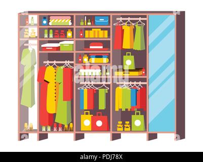 Wardrobe Closet with Drawers and Shelves From Dressing Room Isolated on White. Boxes, Bags, Clothes, Mirror, Dresses and Shoes. Glass Door. Stock Vector