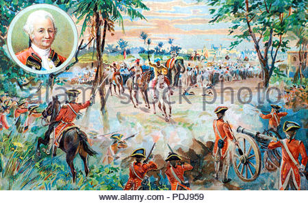 Battle of Plassey between the British East India Company and the French backed Nawab of Bengal, June 23rd 1757, Major-General Robert Clive inset. Stock Photo