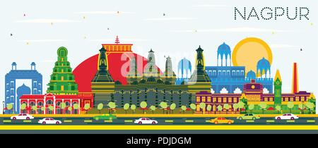 Nagpur India City Skyline with Color Buildings and Blue Sky. Vector Illustration. Business Travel and Tourism Concept with Historic Architecture. Stock Vector