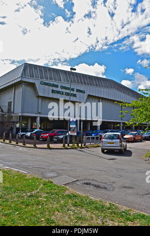 Car entering car park at Ogwr Indoor Bowls Club is based in the Bridgend Indoor Bowls Stadiun,  Bridgend, South Wales Stock Photo