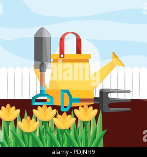 watering can shovel fork yellow flowers gardening Stock Vector