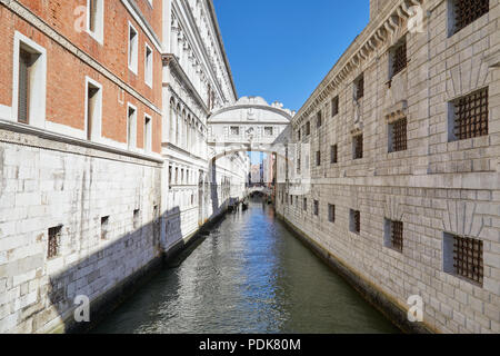 Bridge of Sighs and calm water in the canal, nobody in Venice, Italy Stock Photo