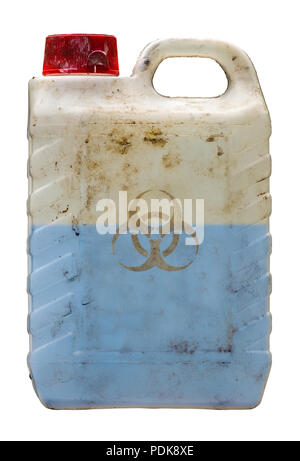 Isolated Grungy Plastic Container Holding A Blue Toxic Biohazard Waste Liquid Stock Photo
