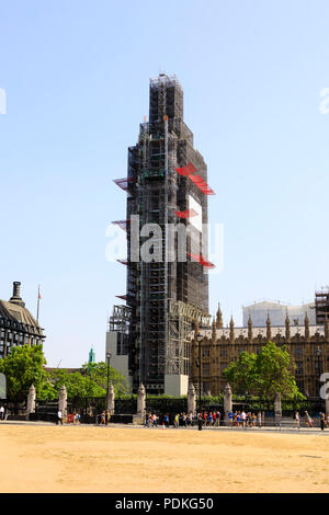 the Elizabeth Clock tower, housing Big Ben bell, covered in scaffolding during exrensive repairs and renovation. Palace of Westminster, Houses of Parl Stock Photo