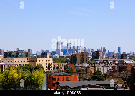 High rise office buildings at Canary Wharf developement, seen from Kennington, London Stock Photo