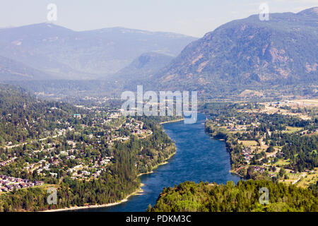 View of the Columbia River and Selkirk Mountains in Castlegar, West Kootenay, British Columbia, Canada. Stock Photo