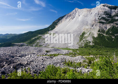 The Frank Slide was a rockslide that buried part of the mining town of Frank, Alberta, Canada at 4:10 am on April 29, 1903. Over 82 million tonnes of  Stock Photo