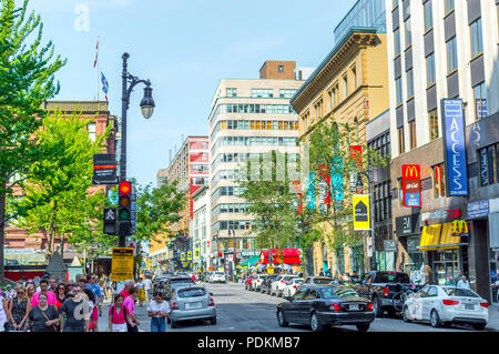 Montreal, Canada - August 5, 2018: Central Saint Catherine Street in Montreal downtown, Canada Stock Photo