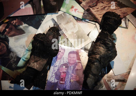 Black magic Brujos or witch doctors, in Catemaco, Veracruz.  Surrounded by dried animals, candles and other objects of black witch craft in Catemaco, Mexico. Stock Photo