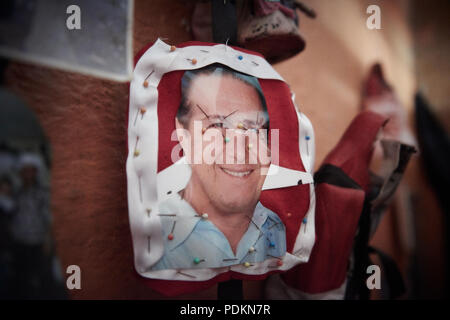 Black magic Brujos or witch doctors, in Catemaco, Veracruz.  Surrounded by dried animals, candles and other objects of black witch craft in Catemaco, Mexico. Stock Photo